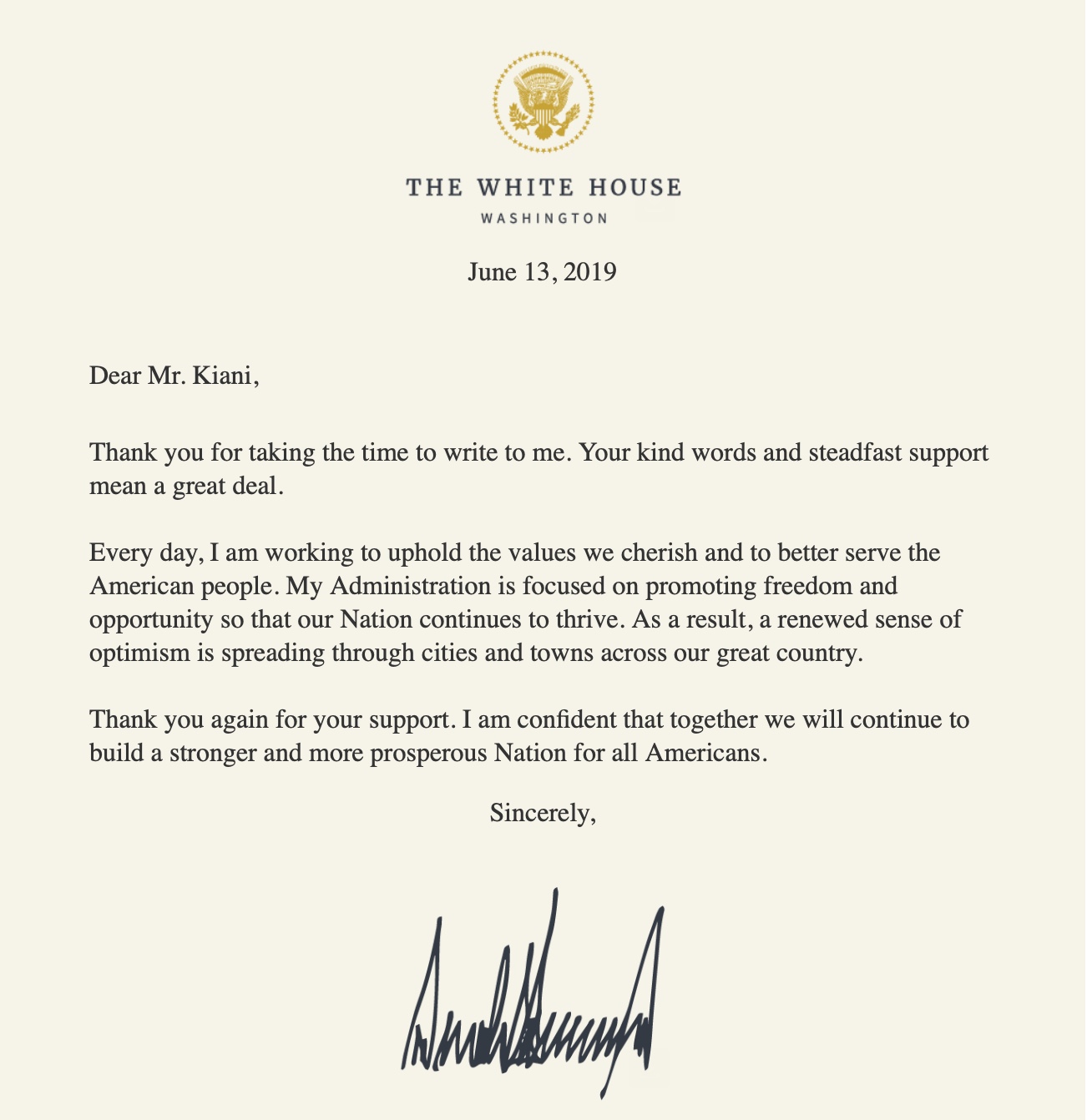 The White House's reply, addressed to Mr. Kiani, June 13, 2019
