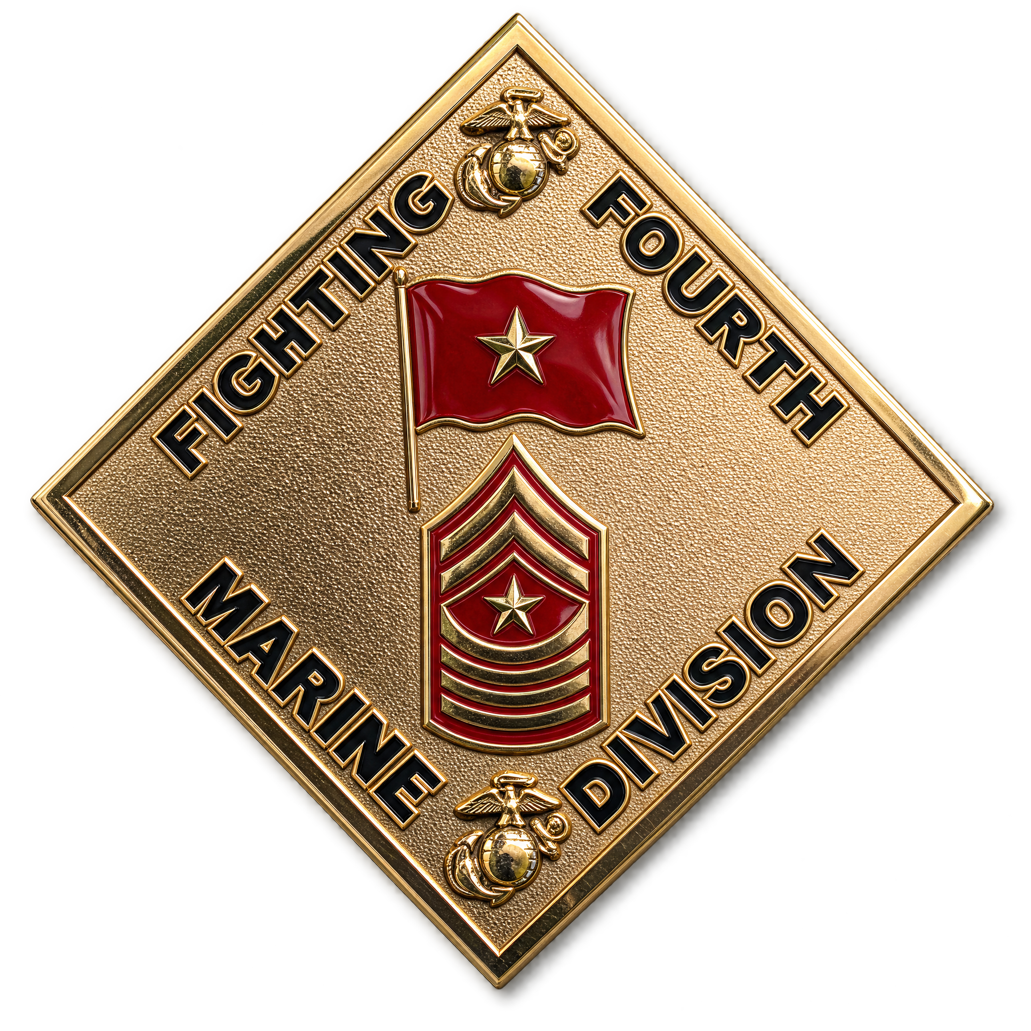 A gold diamond-shaped coin reading Fighting Fourth Marine Division, with a one-star red flag and sergeant major chevrons.