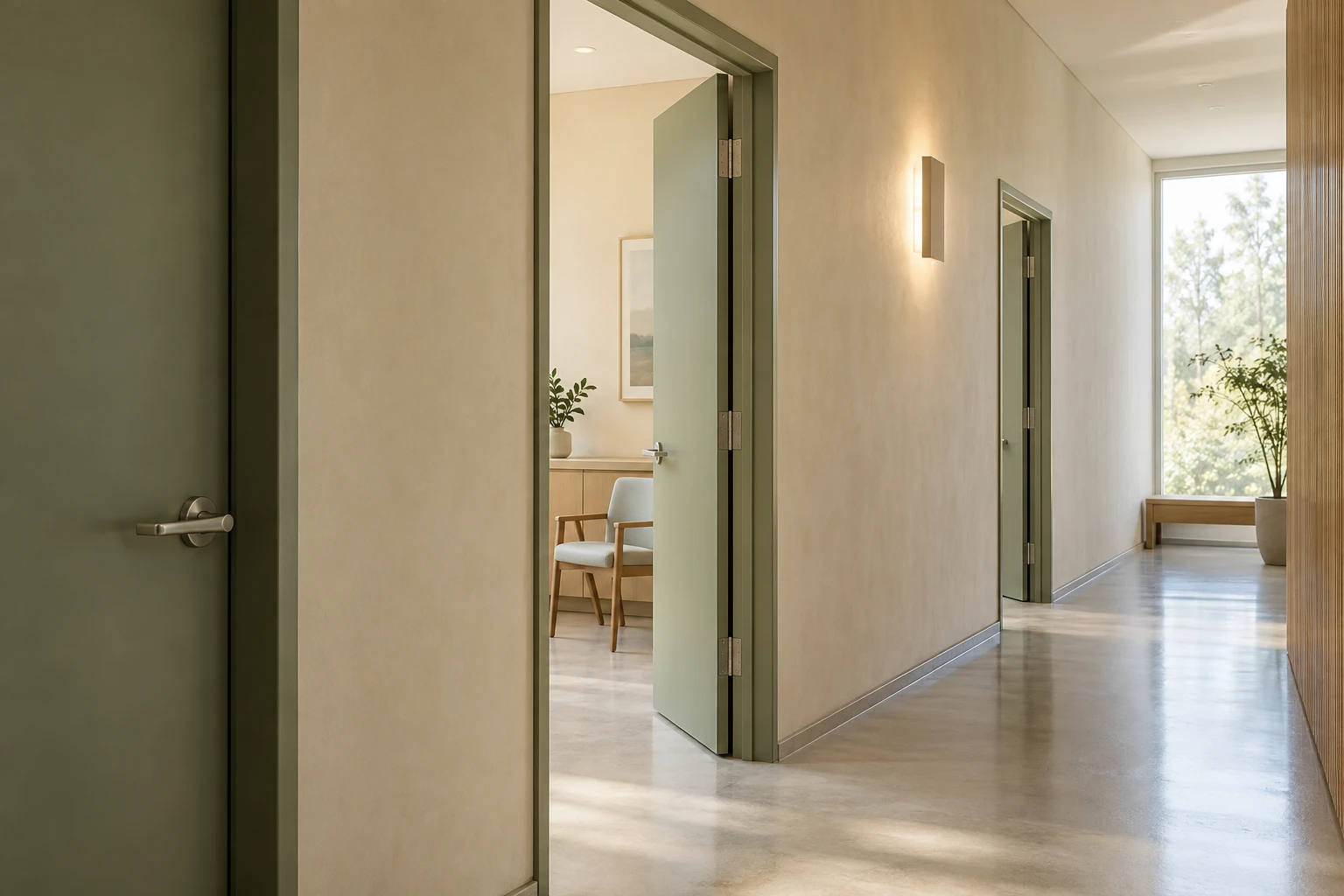 Editorial illustration of open consultation-room doors, representing access to healthcare.
