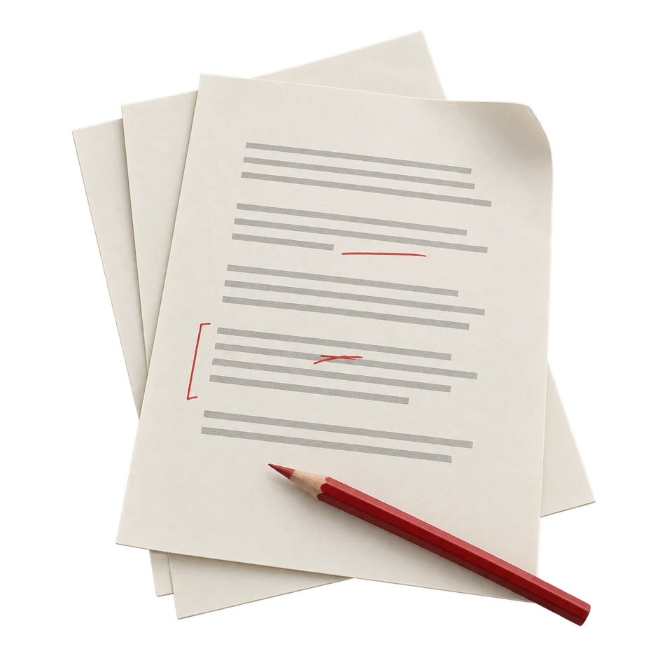 Editorial illustration of draft pages and a red proofreading pencil; not a reproduction of the submitted coursework.